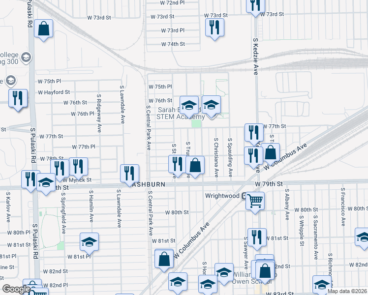 map of restaurants, bars, coffee shops, grocery stores, and more near 7725 South Saint Louis Avenue in Chicago