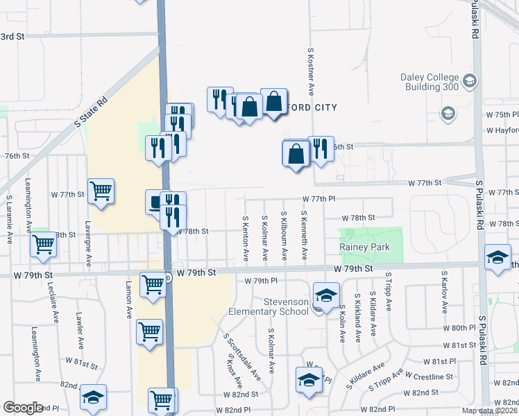 map of restaurants, bars, coffee shops, grocery stores, and more near 7717 West 77th Place in Chicago