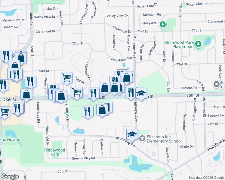 map of restaurants, bars, coffee shops, grocery stores, and more near 460 75th Street in Downers Grove