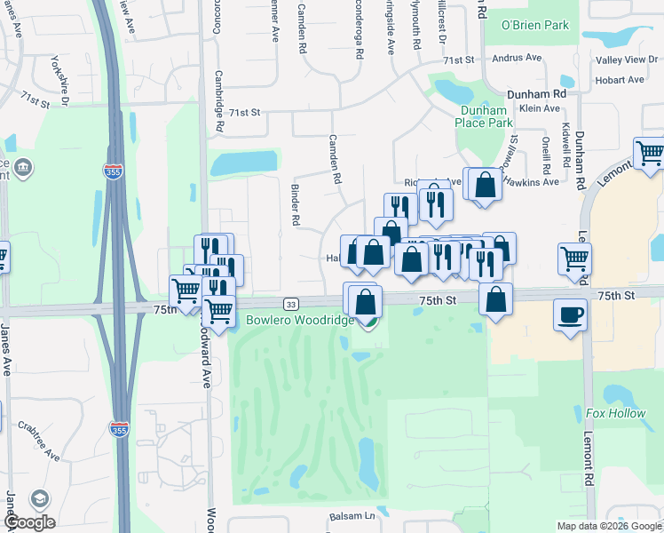 map of restaurants, bars, coffee shops, grocery stores, and more near 1622 Hall Street in Downers Grove