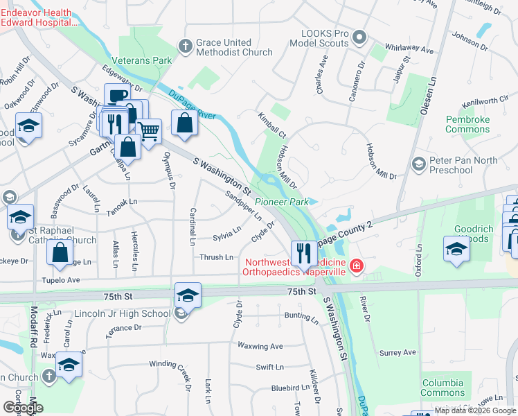 map of restaurants, bars, coffee shops, grocery stores, and more near 1216 Sandpiper Lane in Naperville