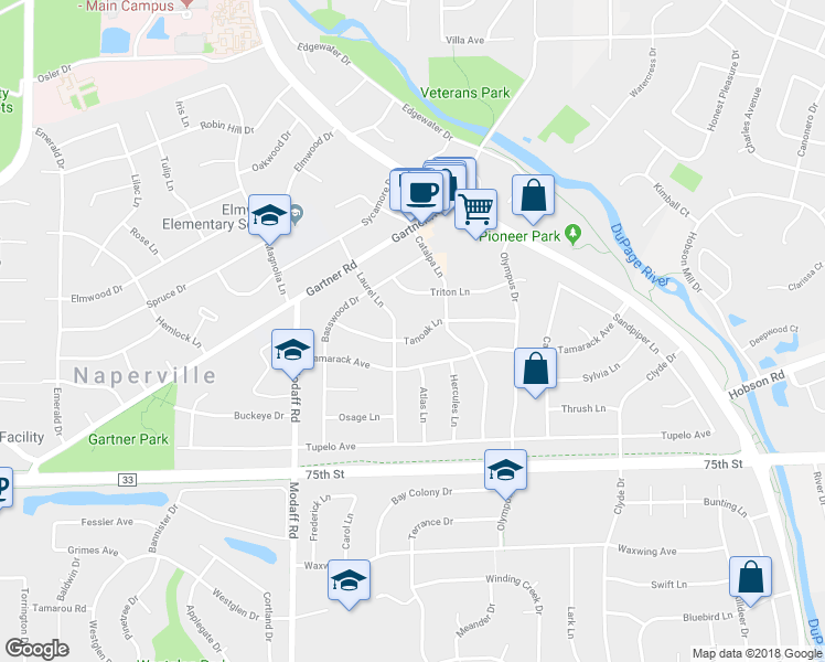 map of restaurants, bars, coffee shops, grocery stores, and more near 221 Tanoak Lane in Naperville