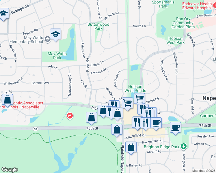 map of restaurants, bars, coffee shops, grocery stores, and more near 1252 Ashton Lane in Naperville