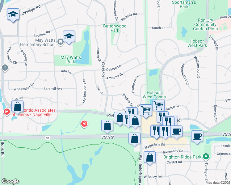 map of restaurants, bars, coffee shops, grocery stores, and more near 1268 Ashton Lane in Naperville