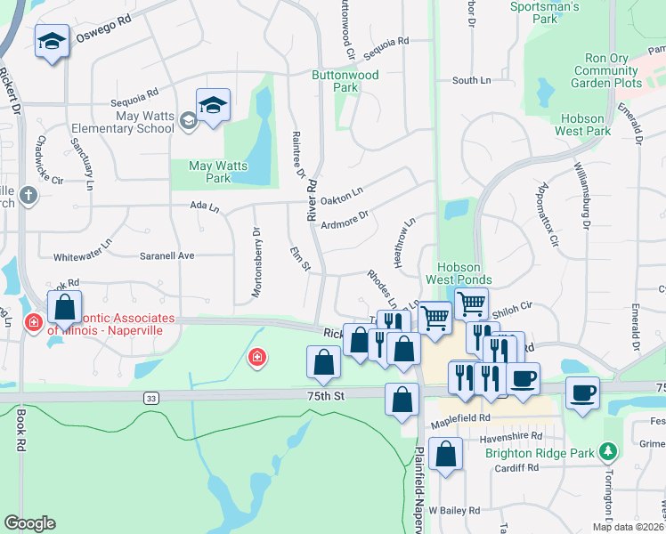 map of restaurants, bars, coffee shops, grocery stores, and more near 1268 Ashton Lane in Naperville