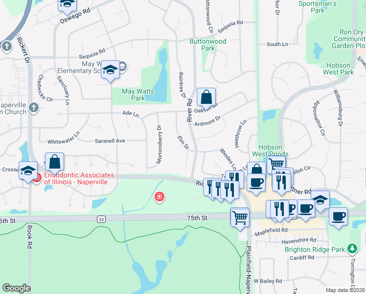 map of restaurants, bars, coffee shops, grocery stores, and more near 932 Elm Street in Naperville
