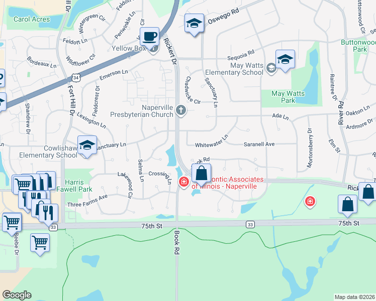 map of restaurants, bars, coffee shops, grocery stores, and more near 1031 Whitewater Lane in Naperville
