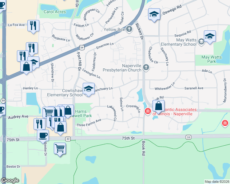 map of restaurants, bars, coffee shops, grocery stores, and more near 935 Matthew Court in Naperville