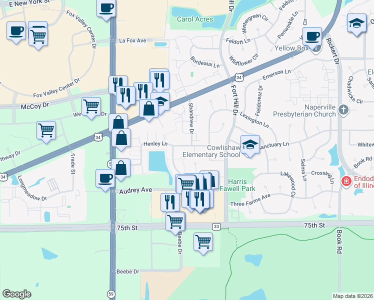 map of restaurants, bars, coffee shops, grocery stores, and more near 2715 Blakely Lane in Naperville
