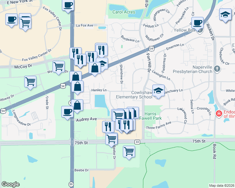 map of restaurants, bars, coffee shops, grocery stores, and more near 2715 Blakely Lane in Naperville