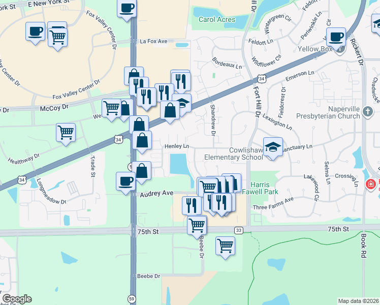 map of restaurants, bars, coffee shops, grocery stores, and more near in Naperville