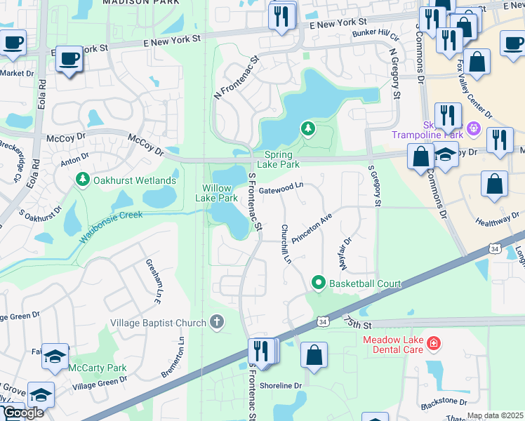 map of restaurants, bars, coffee shops, grocery stores, and more near 107 Newberry Court in Aurora