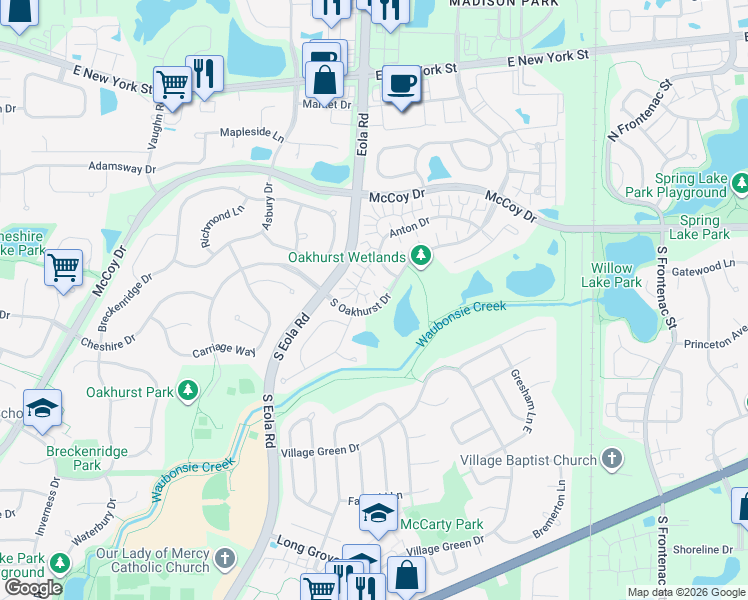 map of restaurants, bars, coffee shops, grocery stores, and more near 3002 Anton Drive in Aurora
