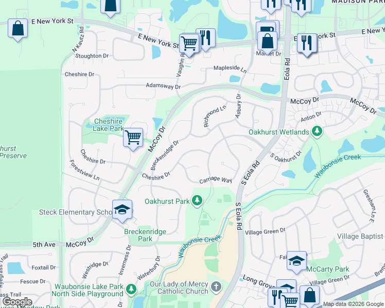 map of restaurants, bars, coffee shops, grocery stores, and more near 2630 Cheshire Drive in Aurora