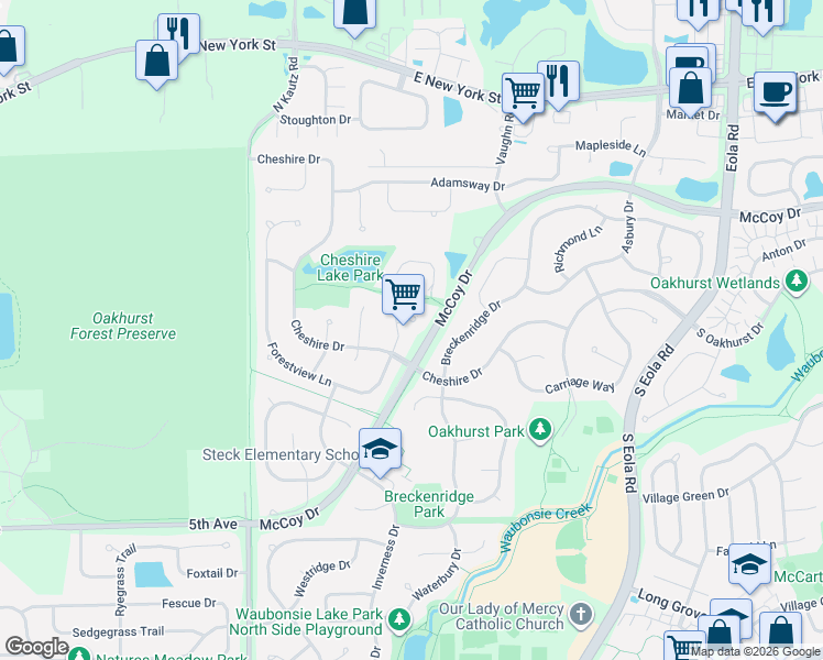 map of restaurants, bars, coffee shops, grocery stores, and more near 2420 Forestview Circle in Aurora