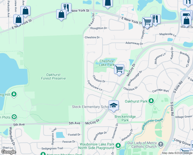 map of restaurants, bars, coffee shops, grocery stores, and more near 2320 Cheshire Drive in Aurora