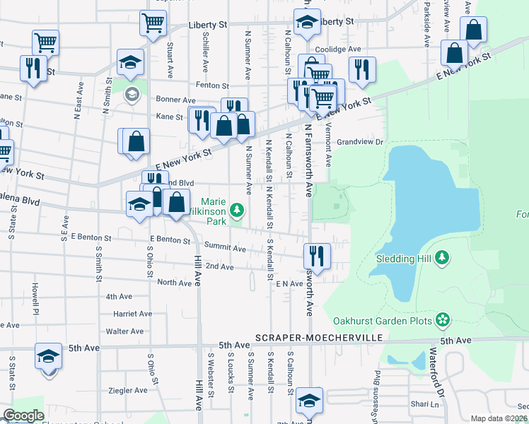 map of restaurants, bars, coffee shops, grocery stores, and more near 34 North Kendall Street in Aurora