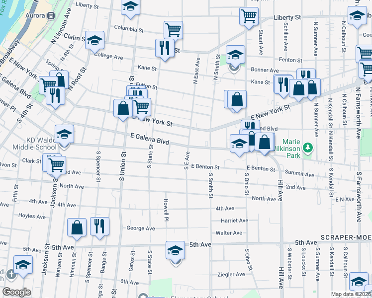 map of restaurants, bars, coffee shops, grocery stores, and more near 800 East Galena Boulevard in Aurora