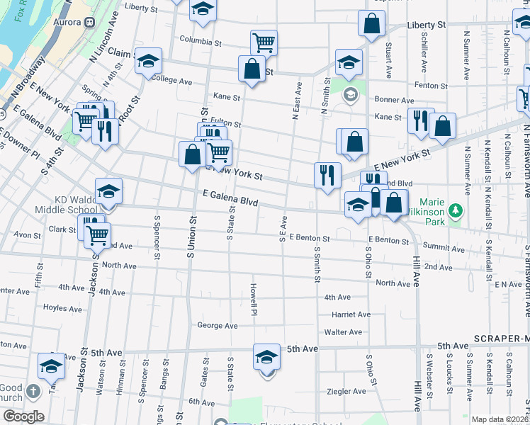 map of restaurants, bars, coffee shops, grocery stores, and more near 774 East Galena Boulevard in Aurora