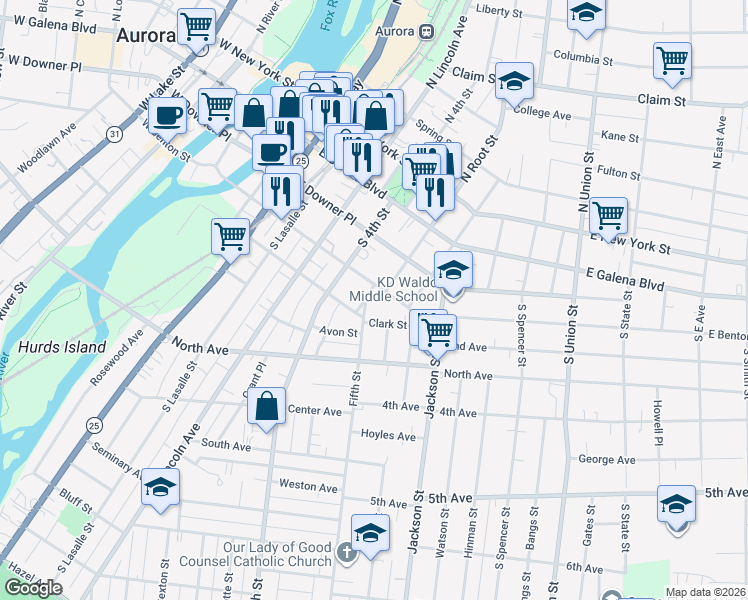 map of restaurants, bars, coffee shops, grocery stores, and more near 427 East Benton Street in Aurora