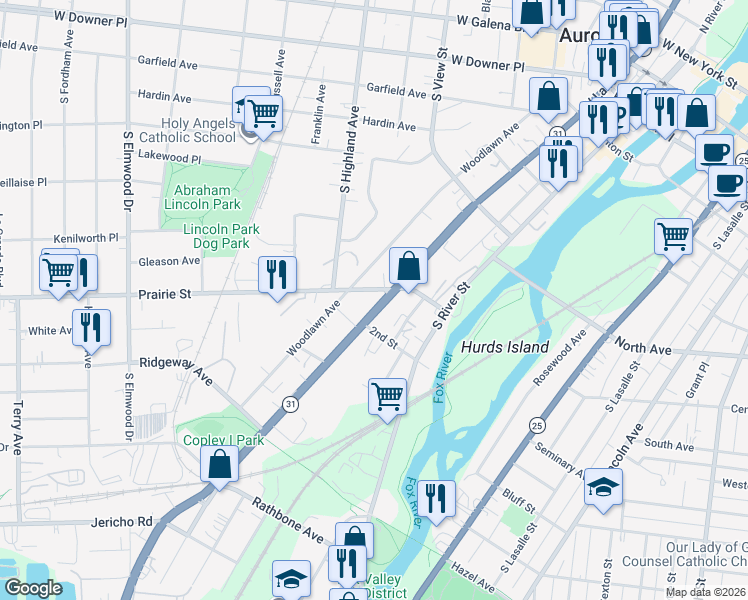 map of restaurants, bars, coffee shops, grocery stores, and more near 212 Prairie Street in Aurora