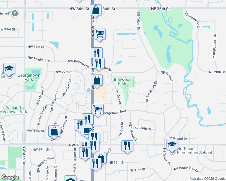map of restaurants, bars, coffee shops, grocery stores, and more near 2511 Northeast Oak Drive in Ankeny