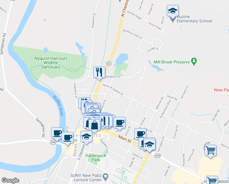 map of restaurants, bars, coffee shops, grocery stores, and more near 504 Briarwood Court in New Paltz