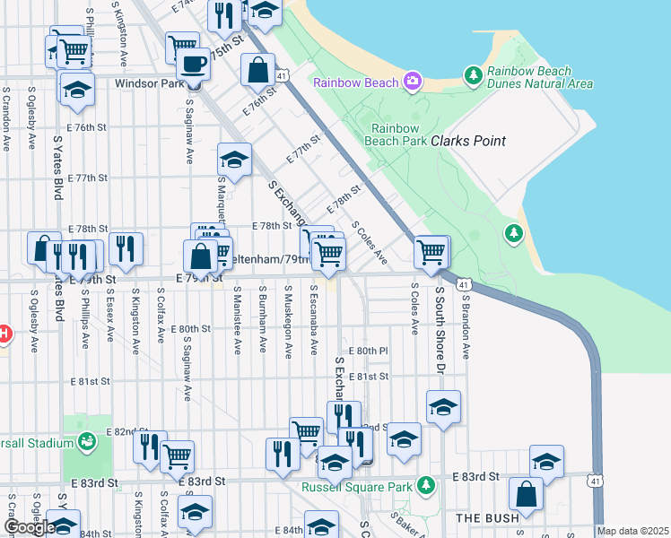 map of restaurants, bars, coffee shops, grocery stores, and more near 2924 East 79th Street in Chicago