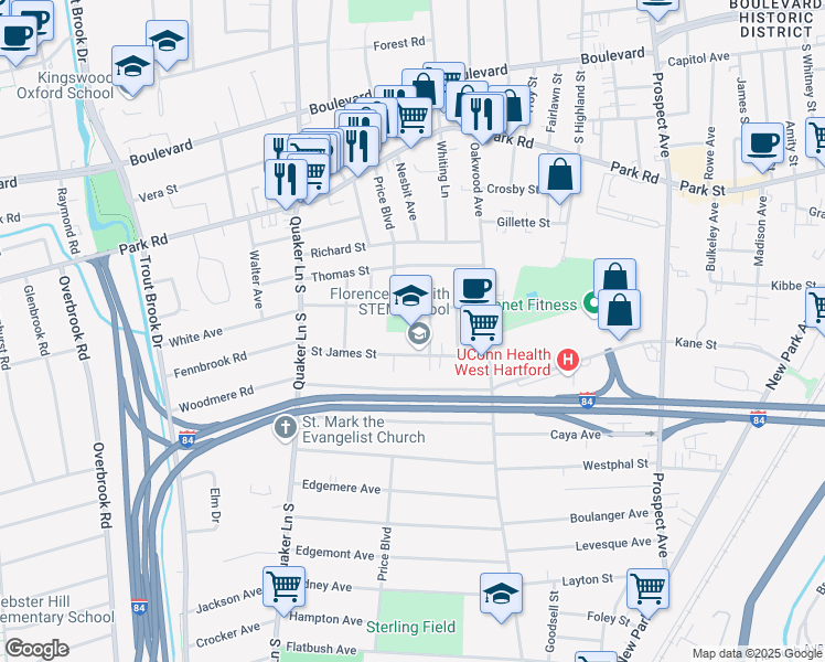 map of restaurants, bars, coffee shops, grocery stores, and more near 64 Saint James Street in West Hartford