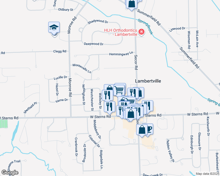 map of restaurants, bars, coffee shops, grocery stores, and more near 7515 Secor Road in Lambertville