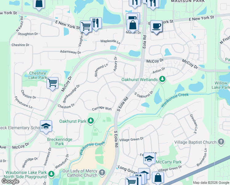 map of restaurants, bars, coffee shops, grocery stores, and more near 2805 Castlewood Court in Aurora