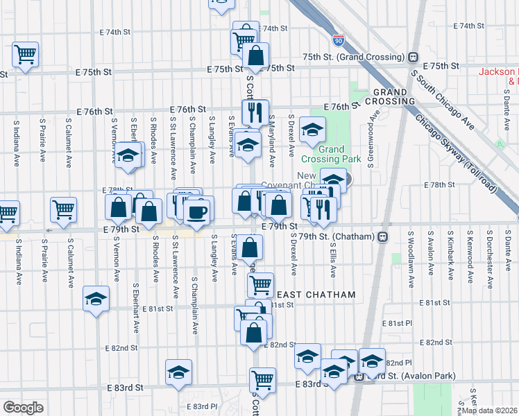 map of restaurants, bars, coffee shops, grocery stores, and more near 7833 South Cottage Grove Avenue in Chicago