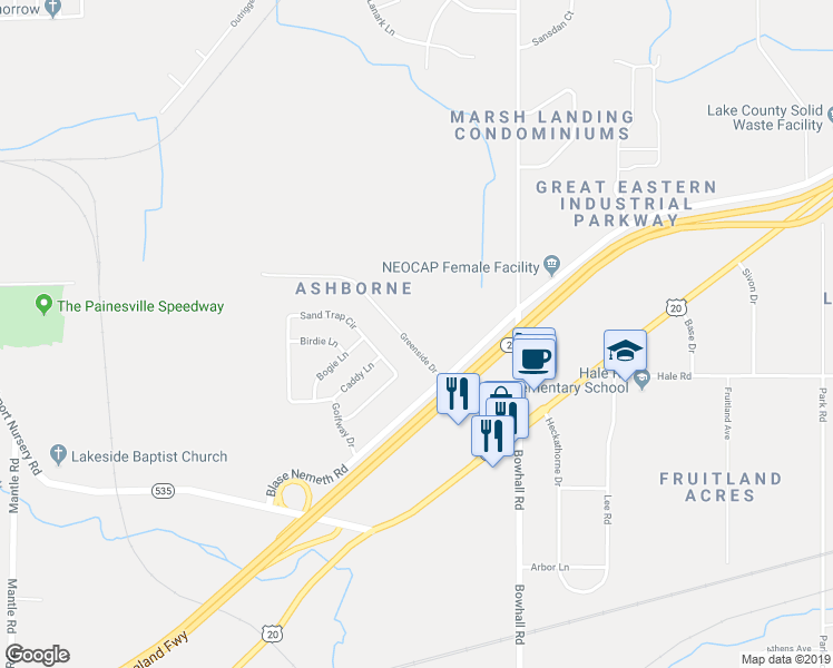 map of restaurants, bars, coffee shops, grocery stores, and more near 516 Greenside Drive in Painesville