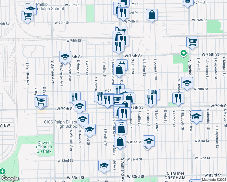 map of restaurants, bars, coffee shops, grocery stores, and more near S Marshfield Ave & W 78th St in Chicago