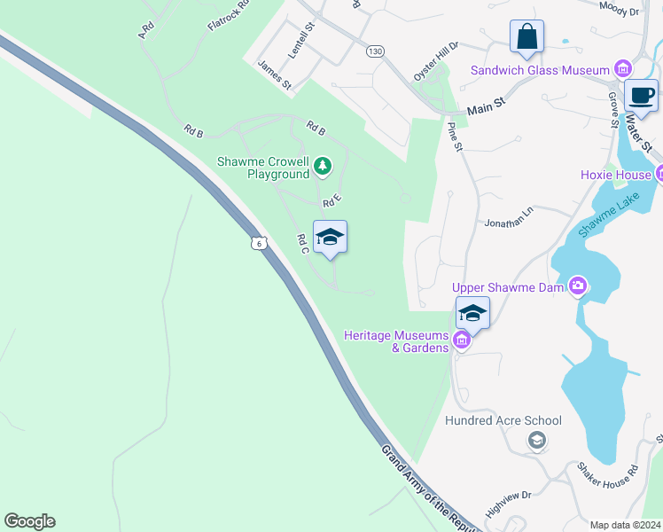 map of restaurants, bars, coffee shops, grocery stores, and more near in Sandwich