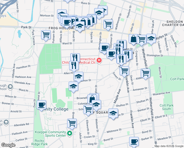 map of restaurants, bars, coffee shops, grocery stores, and more near 21 Allen Place in Hartford