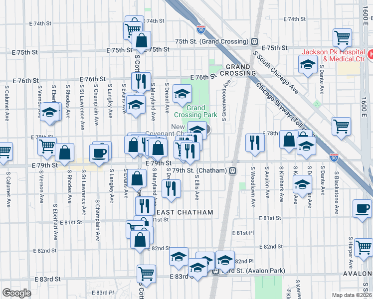 map of restaurants, bars, coffee shops, grocery stores, and more near 7823 South Ingleside Avenue in Chicago