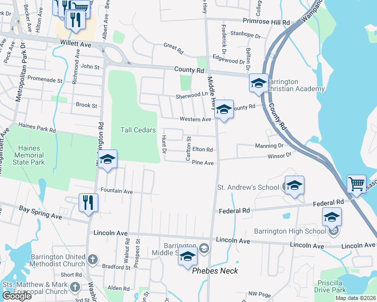 map of restaurants, bars, coffee shops, grocery stores, and more near 11 Elton Road in Barrington