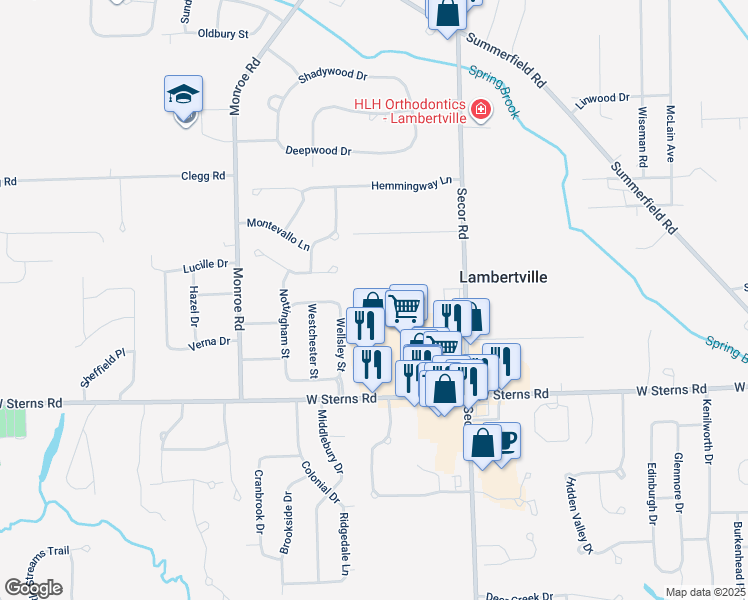 map of restaurants, bars, coffee shops, grocery stores, and more near 7515 Secor Road in Lambertville