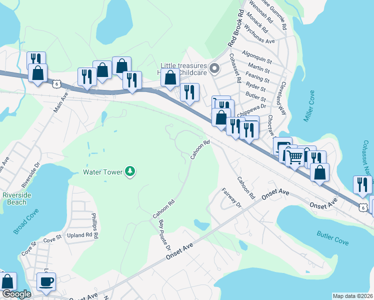 map of restaurants, bars, coffee shops, grocery stores, and more near 19 Bay Pointe Drive Extension in Wareham