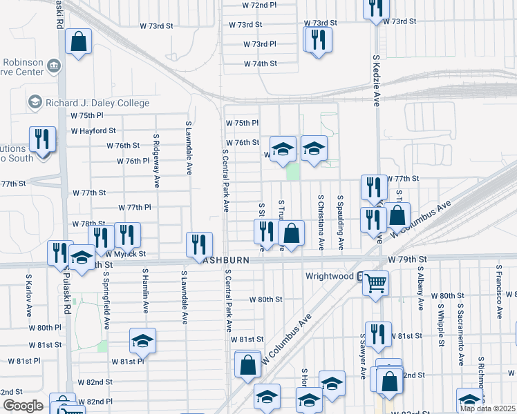 map of restaurants, bars, coffee shops, grocery stores, and more near 7725 South Saint Louis Avenue in Chicago