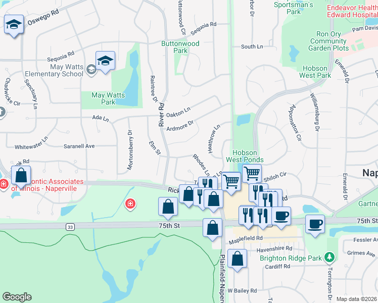 map of restaurants, bars, coffee shops, grocery stores, and more near 1252 Ashton Lane in Naperville