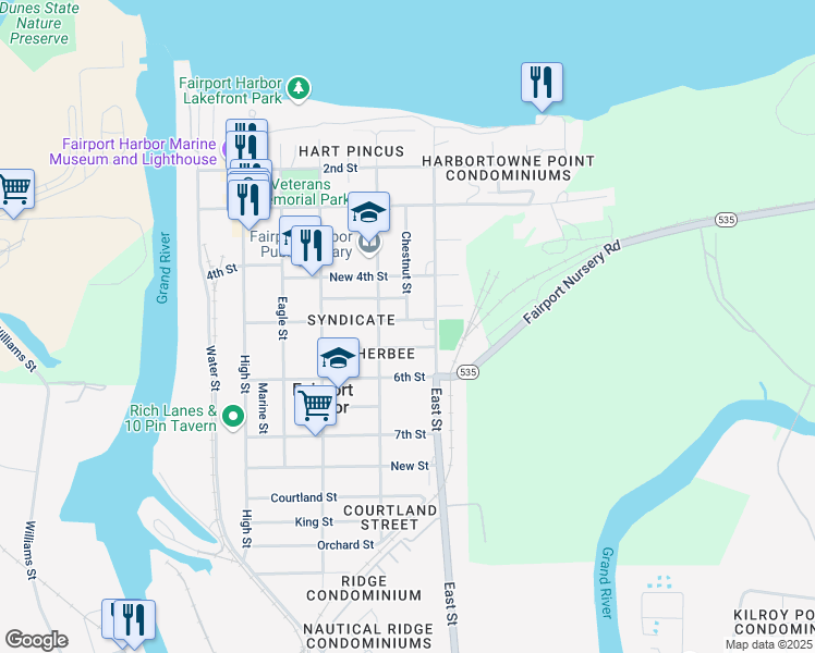 map of restaurants, bars, coffee shops, grocery stores, and more near 522 5th Street in Fairport Harbor