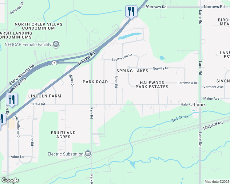 map of restaurants, bars, coffee shops, grocery stores, and more near 124 Birch Road in Painesville