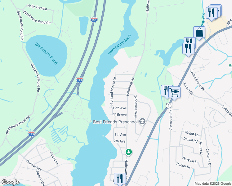 map of restaurants, bars, coffee shops, grocery stores, and more near 18 15th Avenue in Wareham
