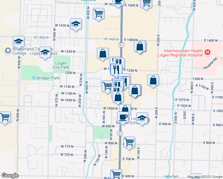 map of restaurants, bars, coffee shops, grocery stores, and more near 47 West 1124 North in Logan
