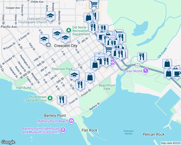map of restaurants, bars, coffee shops, grocery stores, and more near 356 H Street in Crescent City