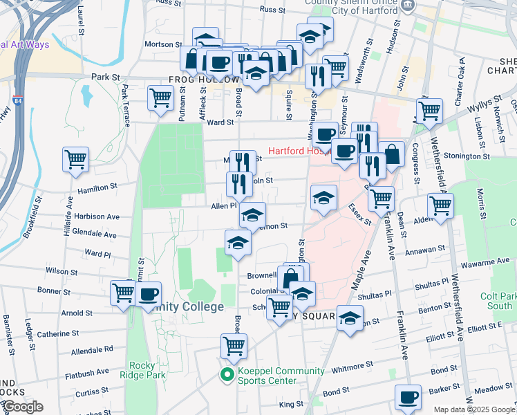 map of restaurants, bars, coffee shops, grocery stores, and more near 50 Allen Place in Hartford