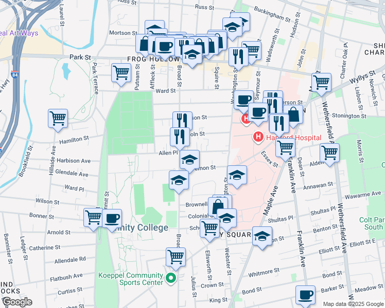map of restaurants, bars, coffee shops, grocery stores, and more near 50 Allen Place in Hartford