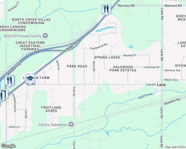 map of restaurants, bars, coffee shops, grocery stores, and more near 124 Birch Road in Painesville